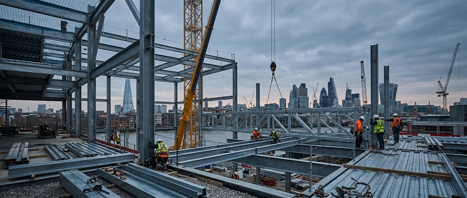 Steel frame construction with London skyline