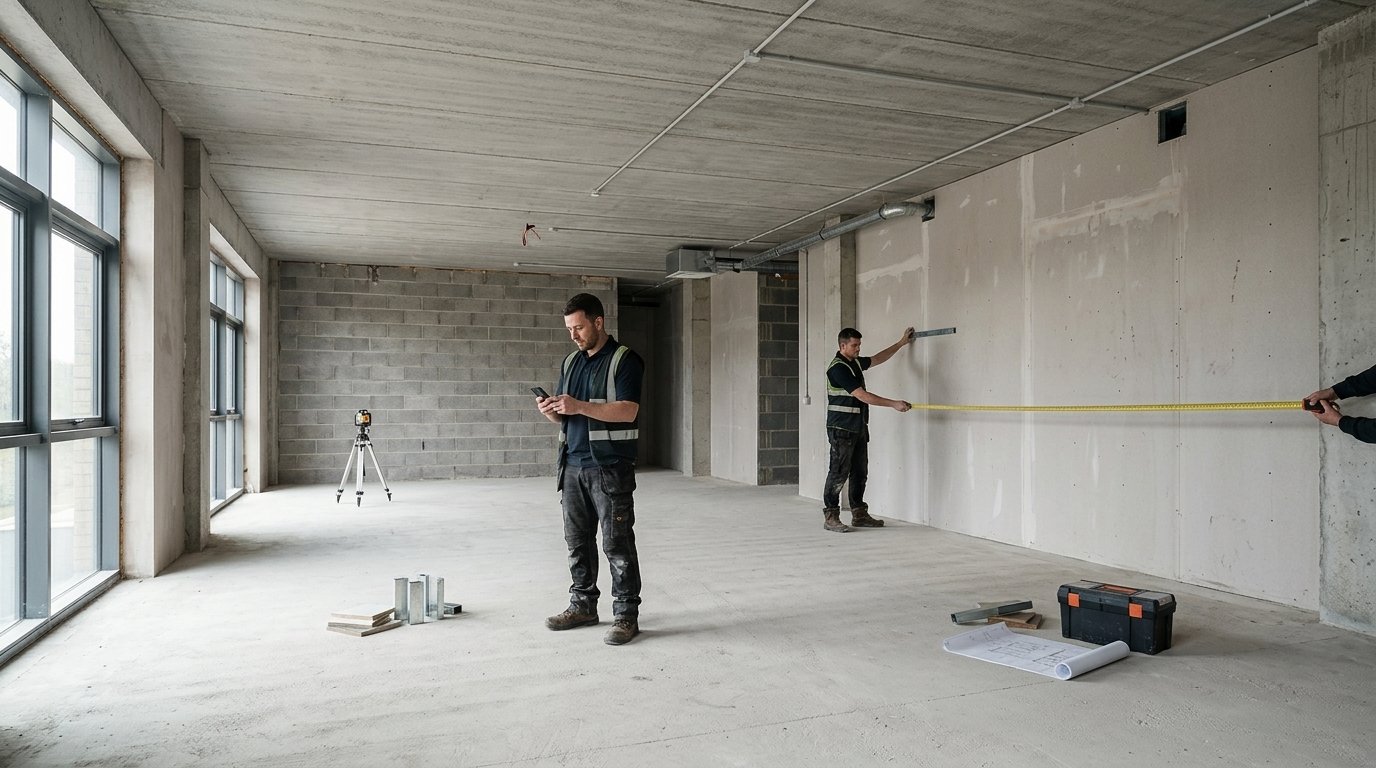 Two contractors measuring a room to calculate metal furring requirements