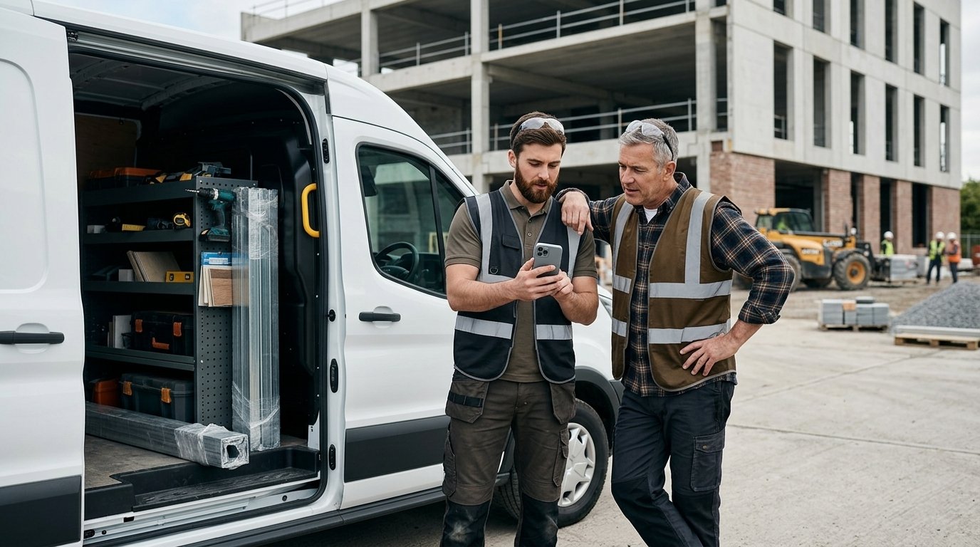 Two contractors beside their van checking a phone on site