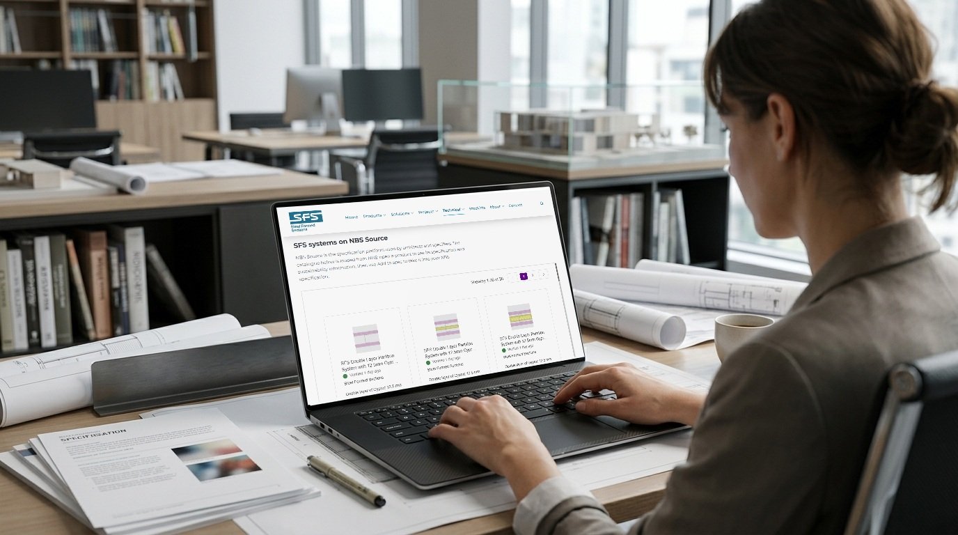 An architect reviewing a specification on a laptop